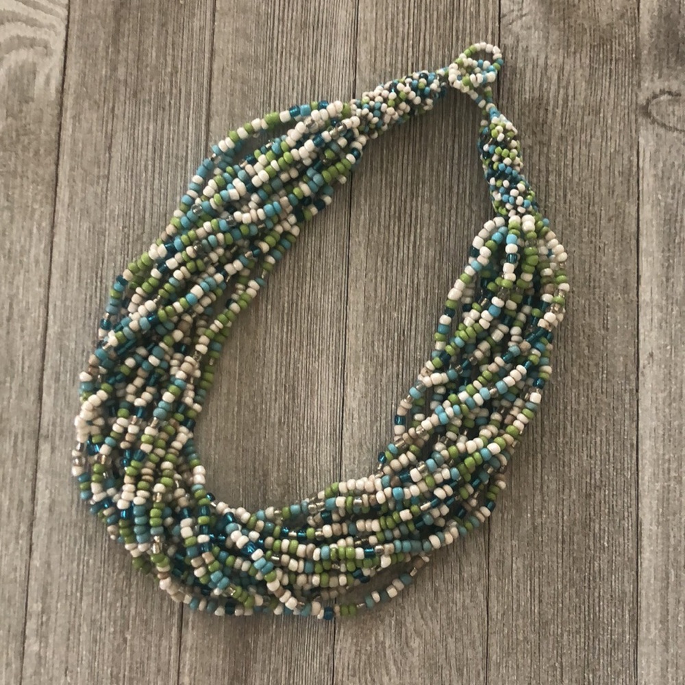 Colorful Beaded Necklace in Shades of Teal, Green, & White